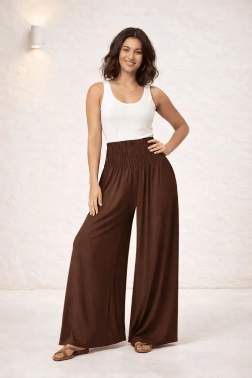 Style Cheat Brown Shirred Wide Leg Trousers - 14 Image 1