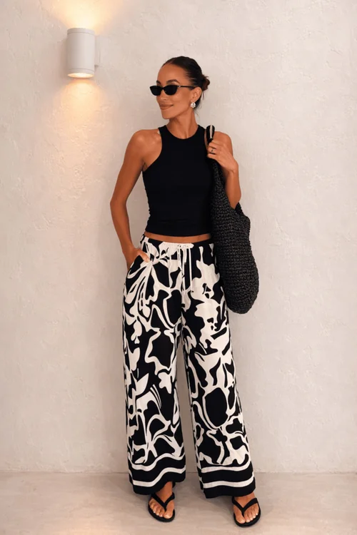 Style Cheat Black Mono Print Wide Trousers - 12 Image 1