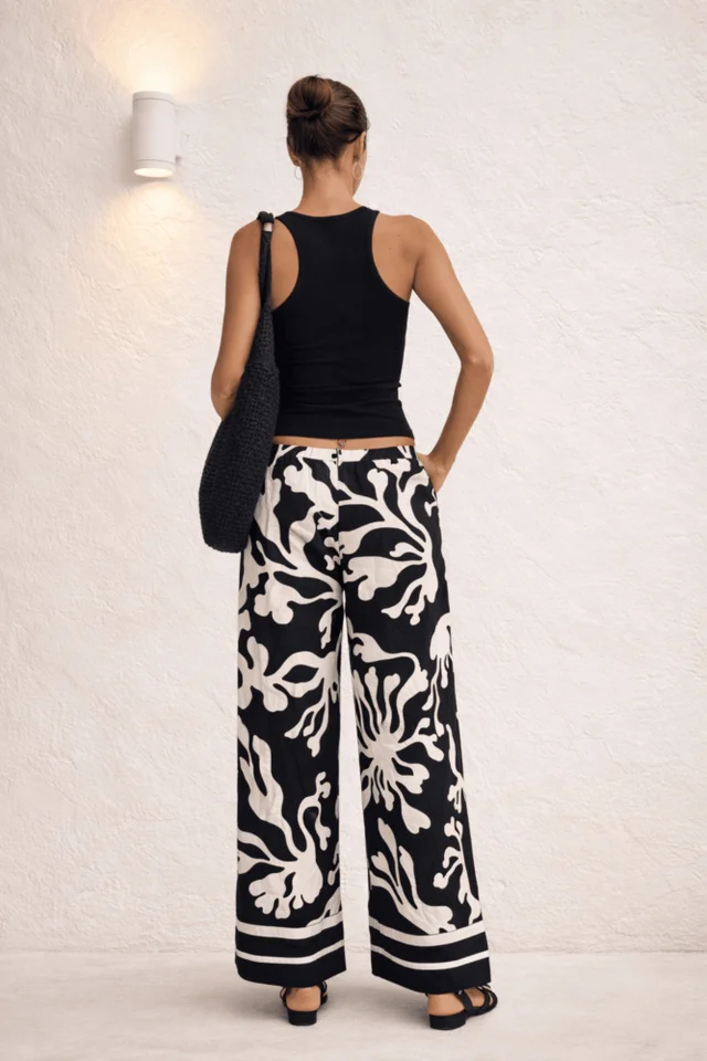 Style Cheat Black Mono Print Wide Trousers