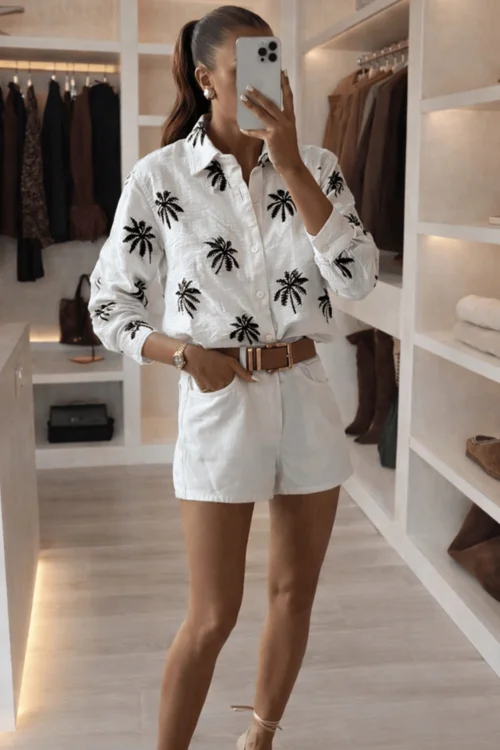 Style Cheat White Palm Embroidered Cotton Shirt - 8 Image 1