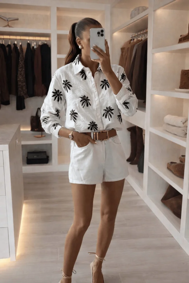 Style Cheat White Palm Embroidered Cotton Shirt