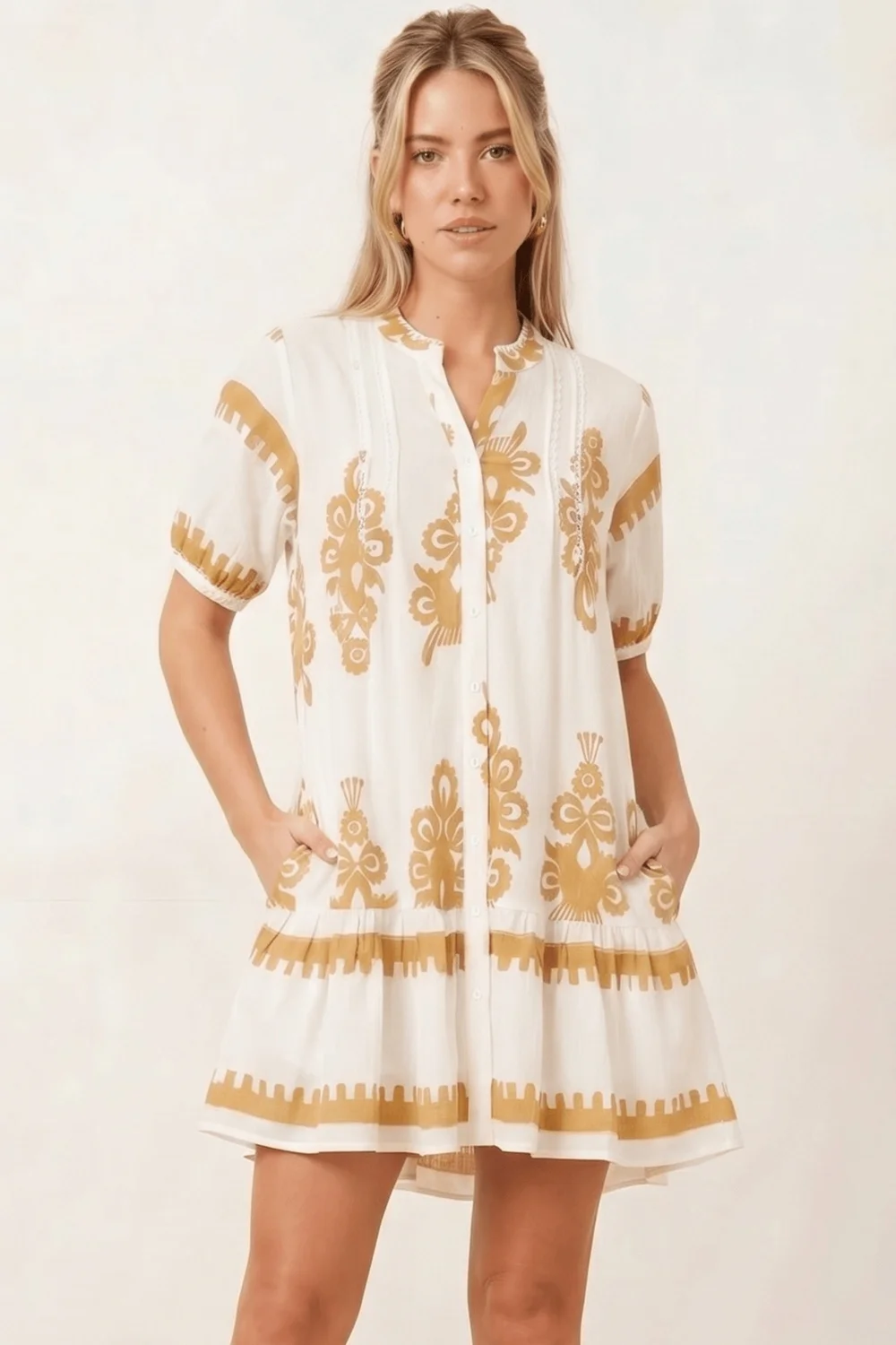 Style Cheat Beige & White Placement Print Mini Smock Dress - 12 Image 1