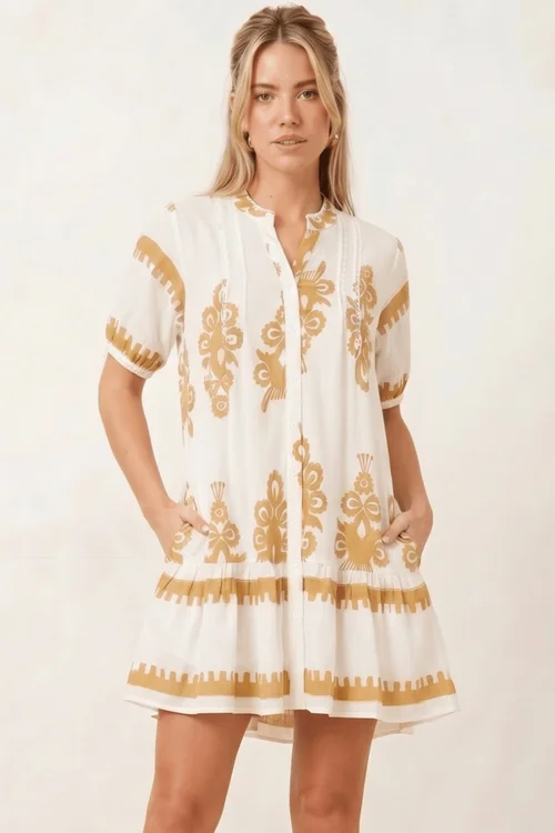 Style Cheat Beige & White Placement Print Mini Smock Dress - 12 Image 1