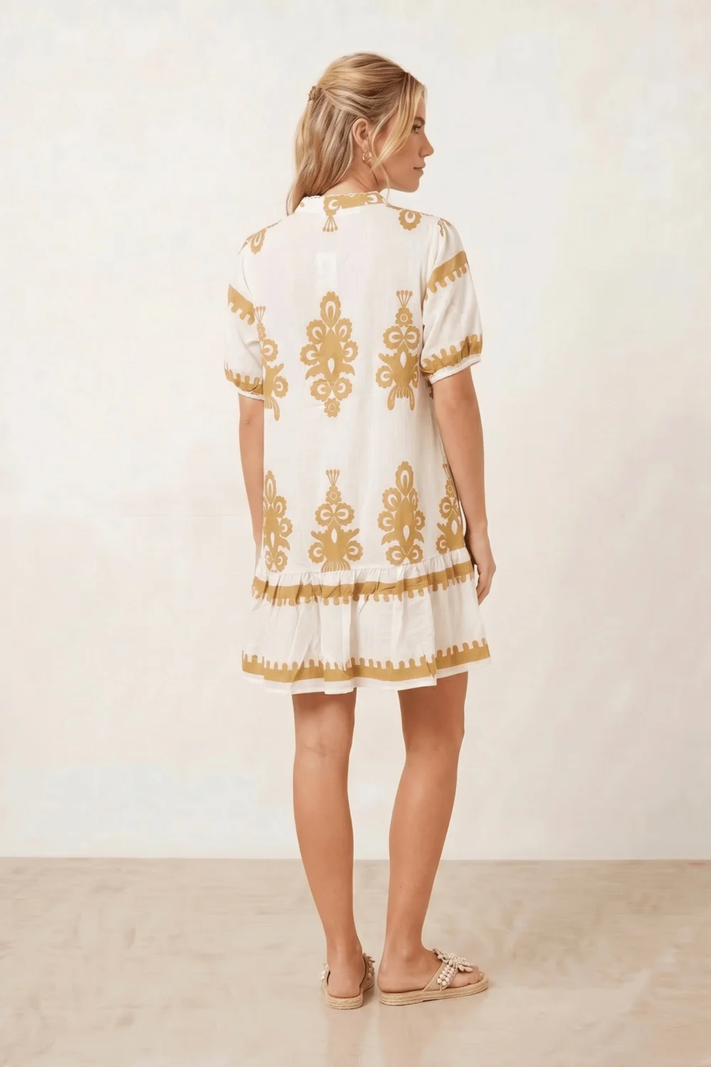 Style Cheat Beige & White Placement Print Mini Smock Dress - 12 Image 4