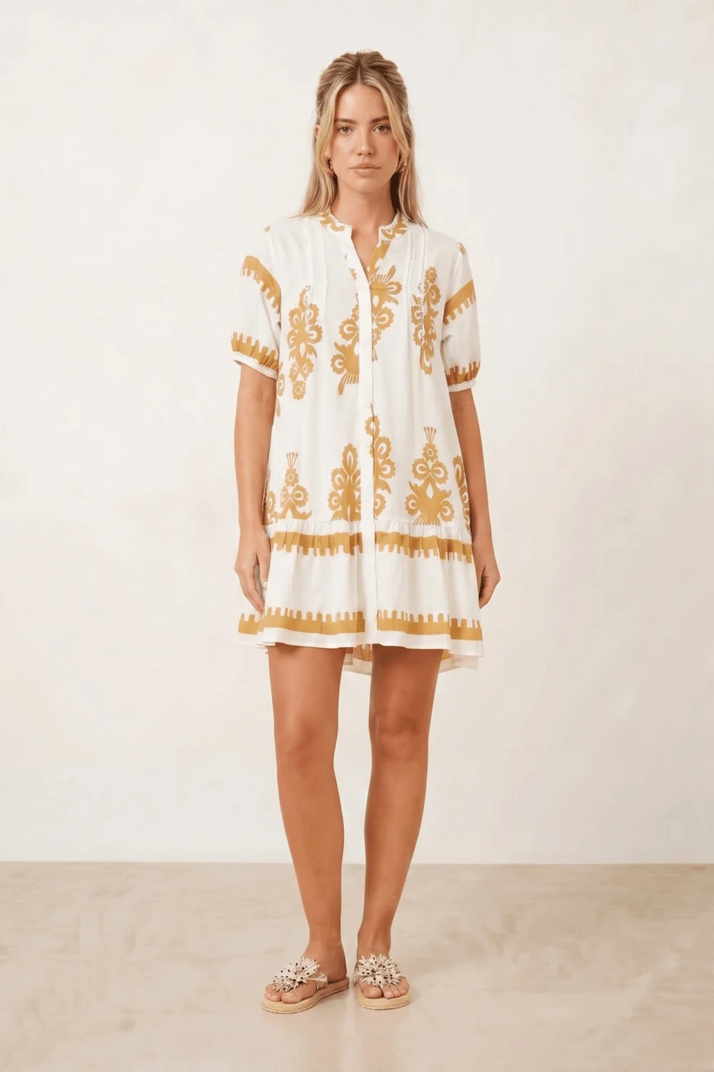 Style Cheat Beige & White Placement Print Mini Smock Dress - 12 Image 2