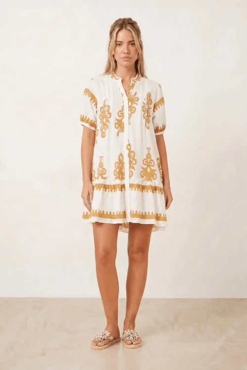 Style Cheat Beige & White Placement Print Mini Smock Dress - 12 Image 2