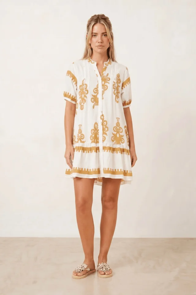 Style Cheat Beige & White Placement Print Mini Smock Dress
