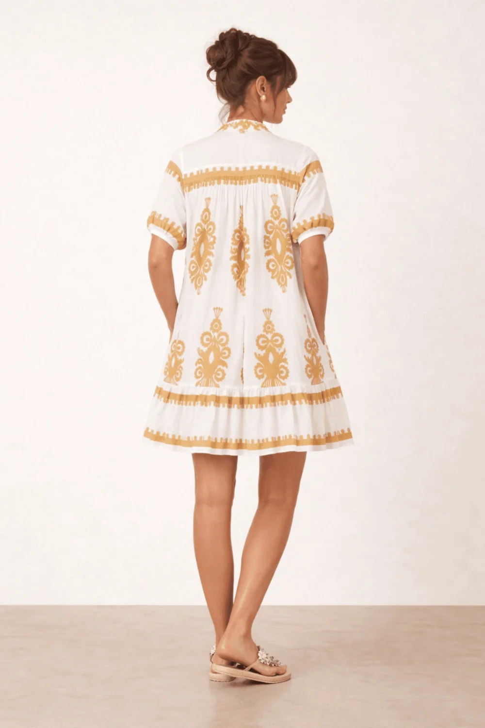 Style Cheat Beige & White Placement Print Mini Smock Dress - 12 Image 6