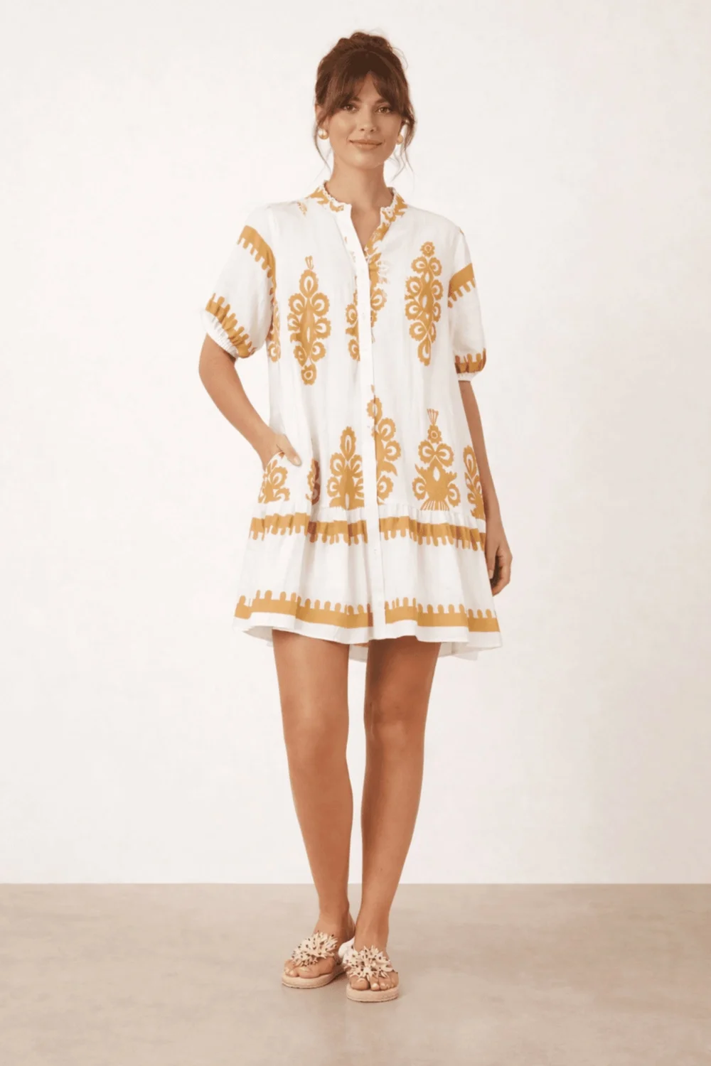Style Cheat Beige & White Placement Print Mini Smock Dress - 12 Image 5