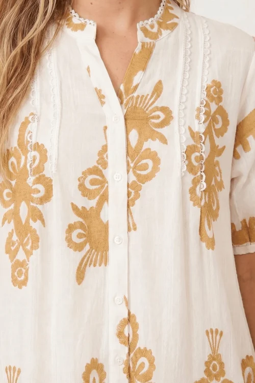Style Cheat Beige & White Placement Print Mini Smock Dress - 12 Image 3
