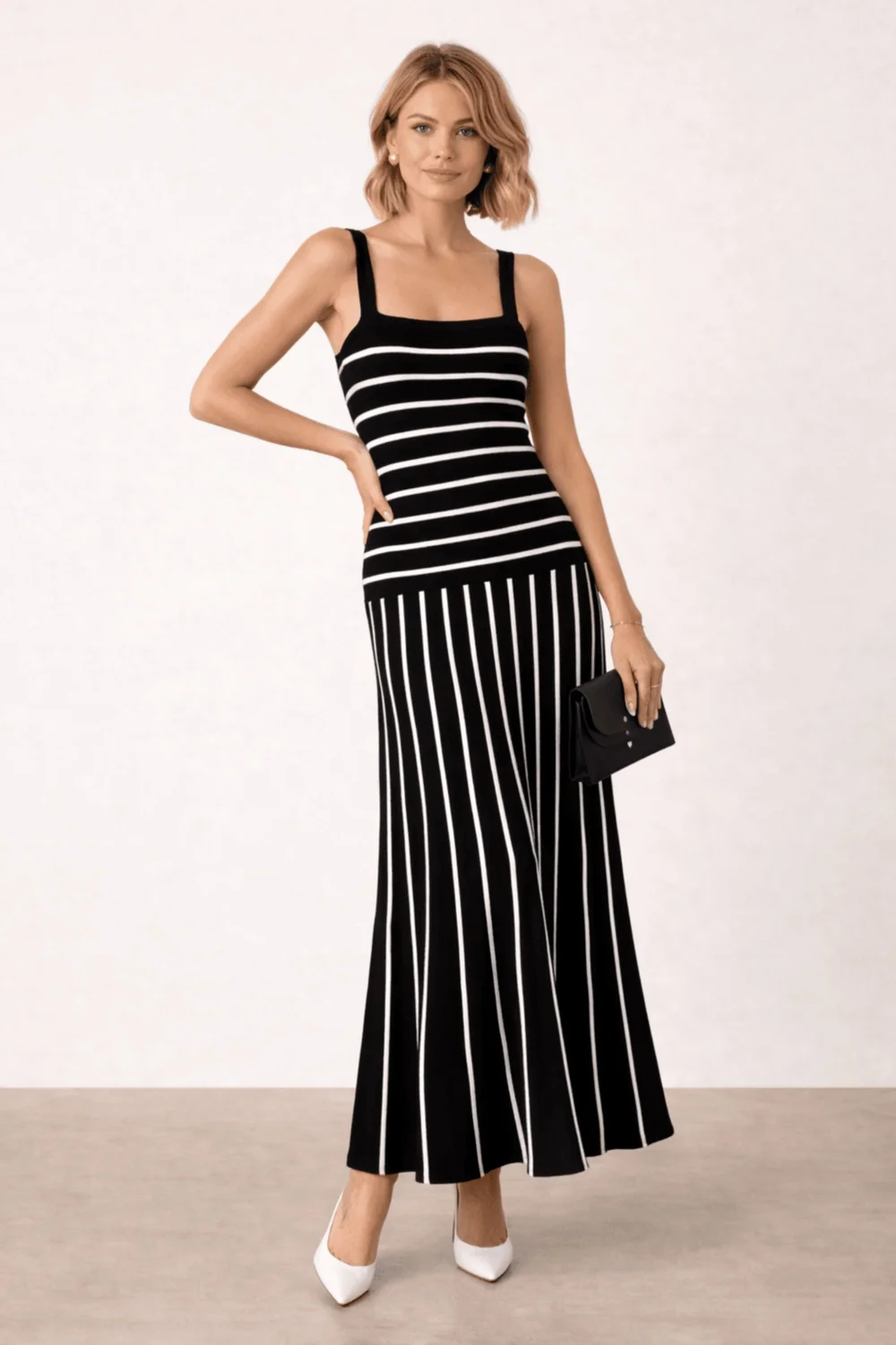 Style Cheat Black & White Striped Knitted Midi Dress - L Image 1