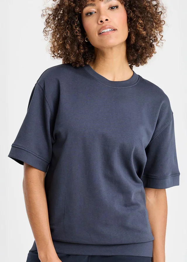 Cotton Traders Steel Blue Cotton Short Sleeve Sweatshirt