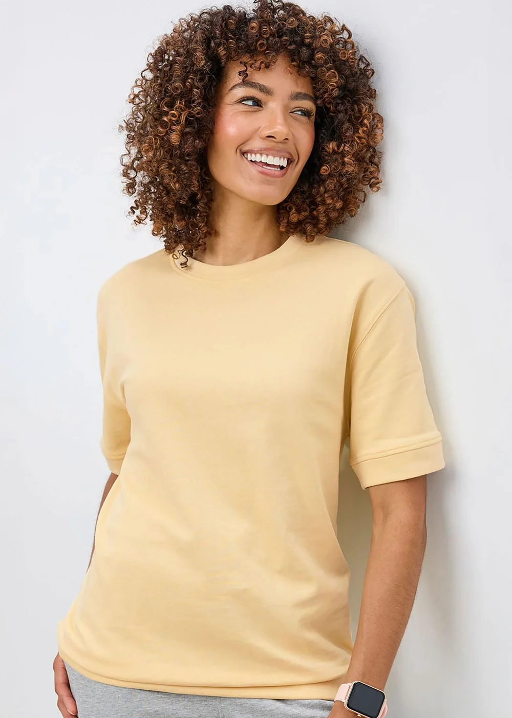 Cotton Traders Pale Yellow Cotton Short Sleeve Sweatshirt - S Image 1