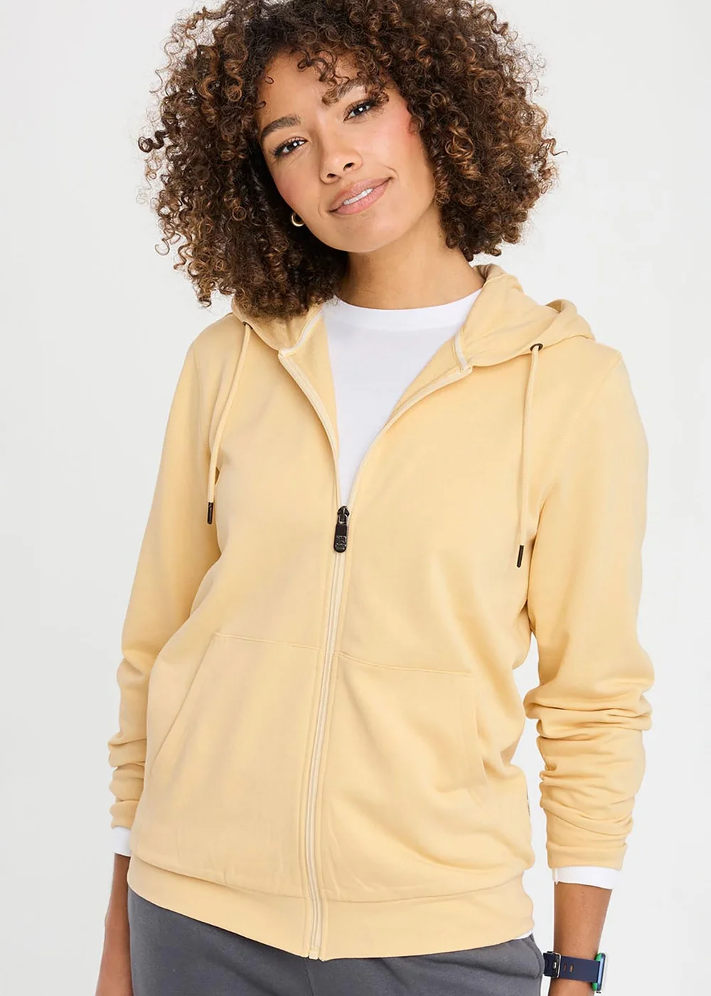 Cotton Traders Pale Yellow Cotton Hooded Zip Through Sweat Top - M Image 1