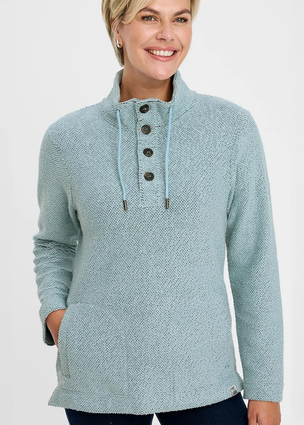 Cotton Traders Iced Aqua Coastal Button Neck Top - M Image 1