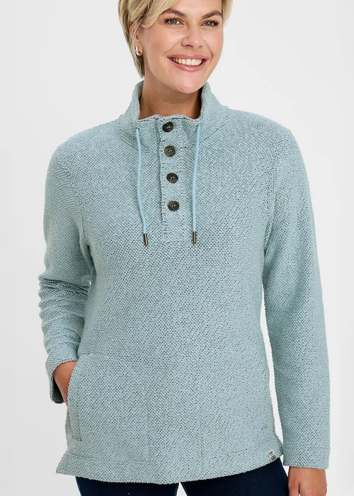 Cotton Traders Iced Aqua Coastal Button Neck Top - M Image 1