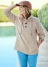 Cotton Traders Light Pebble Coastal Button Neck Top - M Image 1