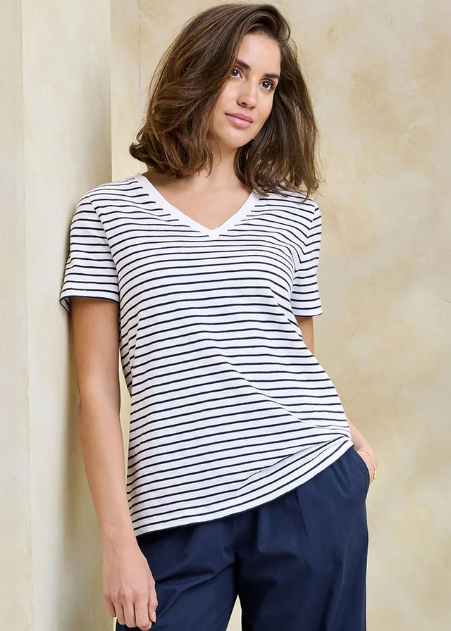 Cotton Traders White Essential Short Sleeve Stripe V-Neck T-Shirt
