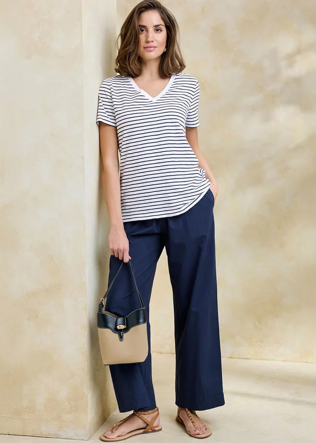 Cotton Traders White Essential Short Sleeve Stripe V-Neck T-Shirt