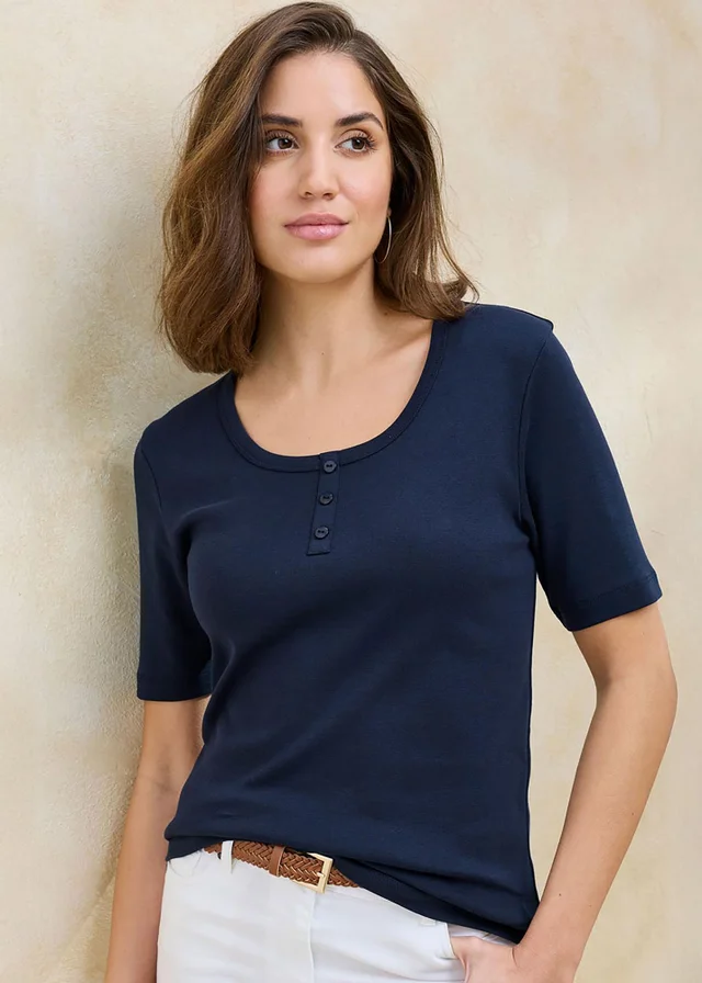 Cotton Traders Navy Wrinkle Free Button Neck Top