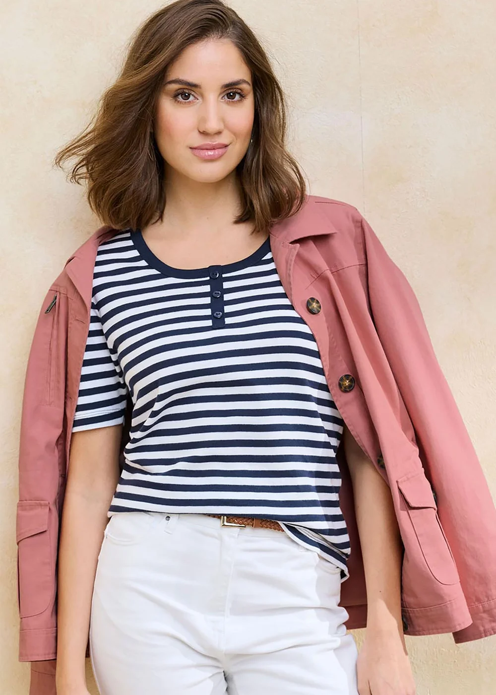 Cotton Traders Navy Wrinkle Free Stripe Button Neck Top - 18 Image 1