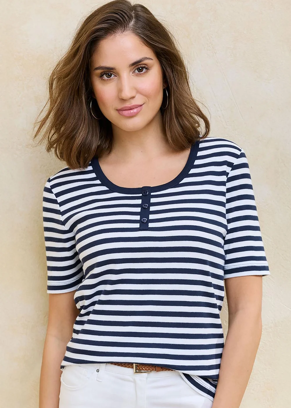 Cotton Traders Navy Wrinkle Free Stripe Button Neck Top - 18 Image 2