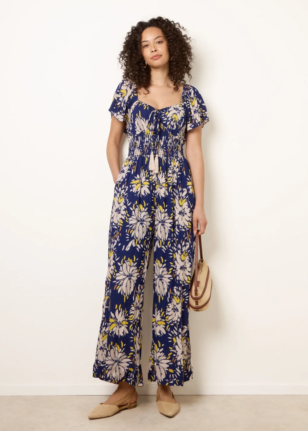 Blue Vanilla Yellow Shirred Waist Wide Leg Jumpsuit - L/XL Image 1