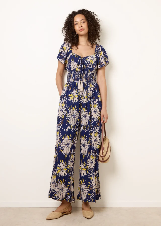 Blue Vanilla Yellow Shirred Waist Wide Leg Jumpsuit
