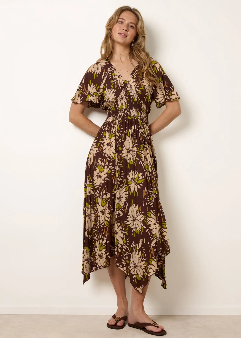 Blue Vanilla Brown Shirred Waist Hanky Hem Dress - M/L Image 3