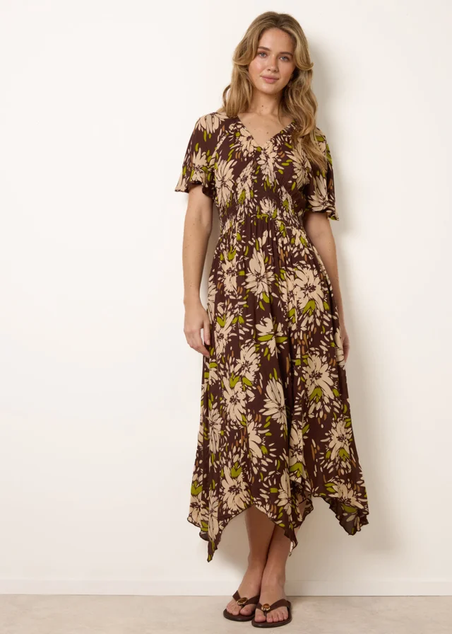 Blue Vanilla Brown Shirred Waist Hanky Hem Dress