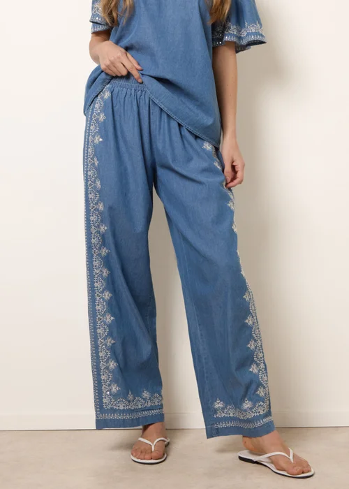 Blue Vanilla Blue Floral Embroidery Wide-Leg Trousers - M Image 2
