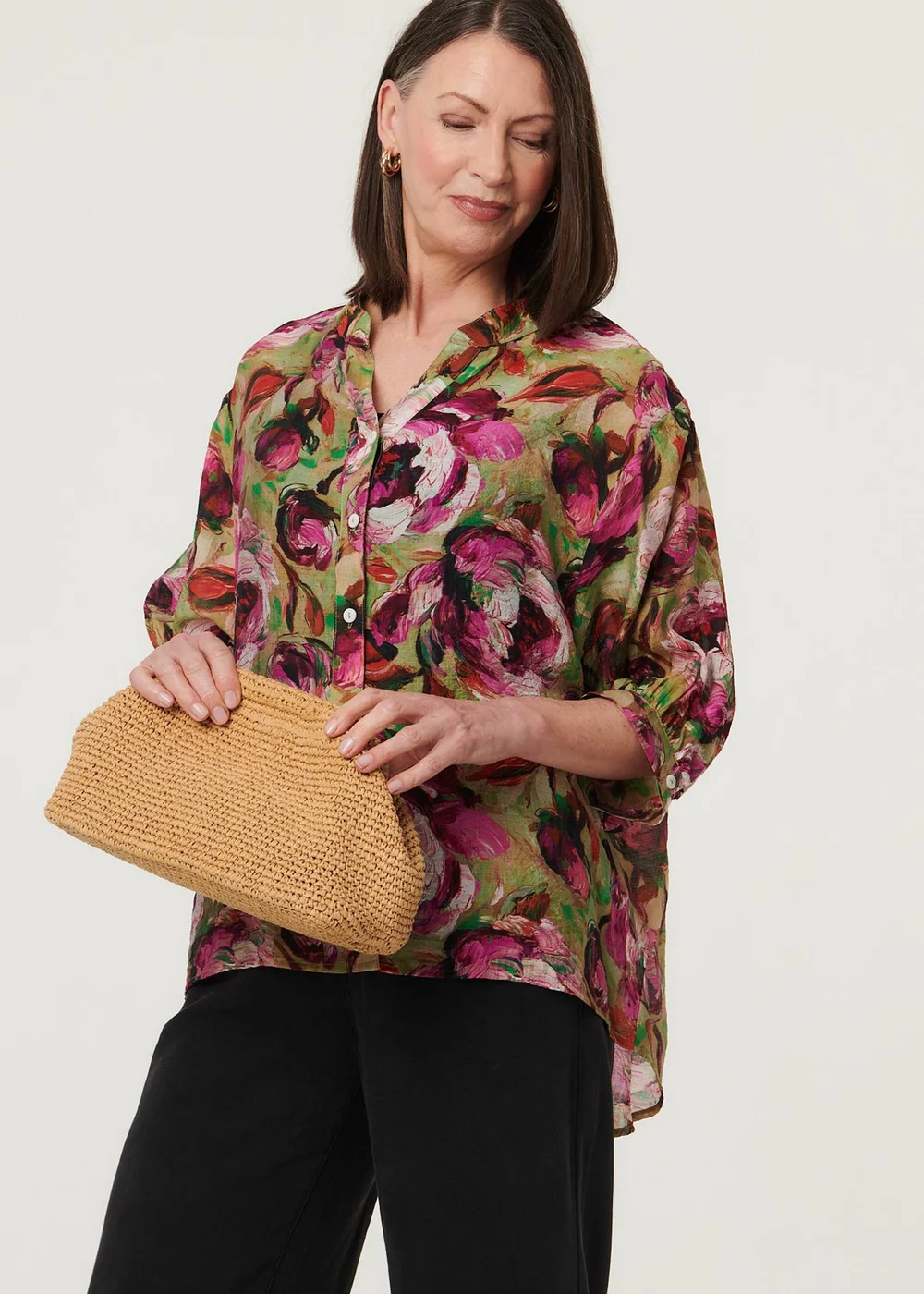 Izabel London Pink Floral Button 3/4 Sleeve Relaxed Blouse - 16 Image 1