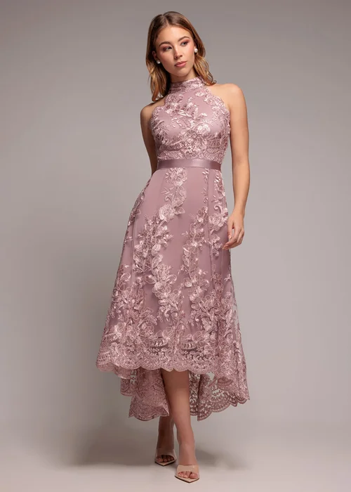 Goddiva Pink Halter Neck Lace High & Low Midi Dress - 14 Image 1