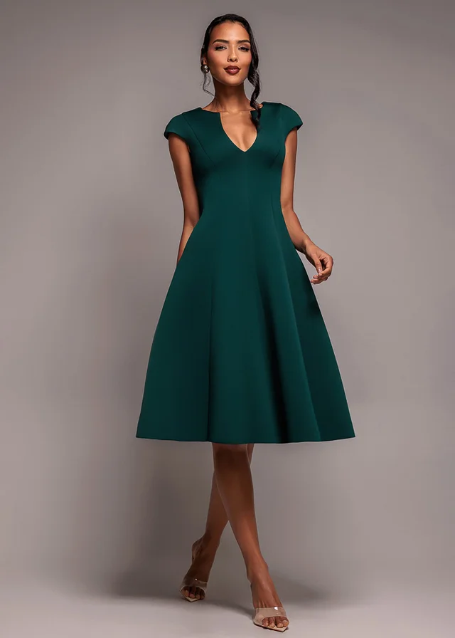 Goddiva Emerald Green Cap Sleeve Plunging V Neckline A Line Midi Dress