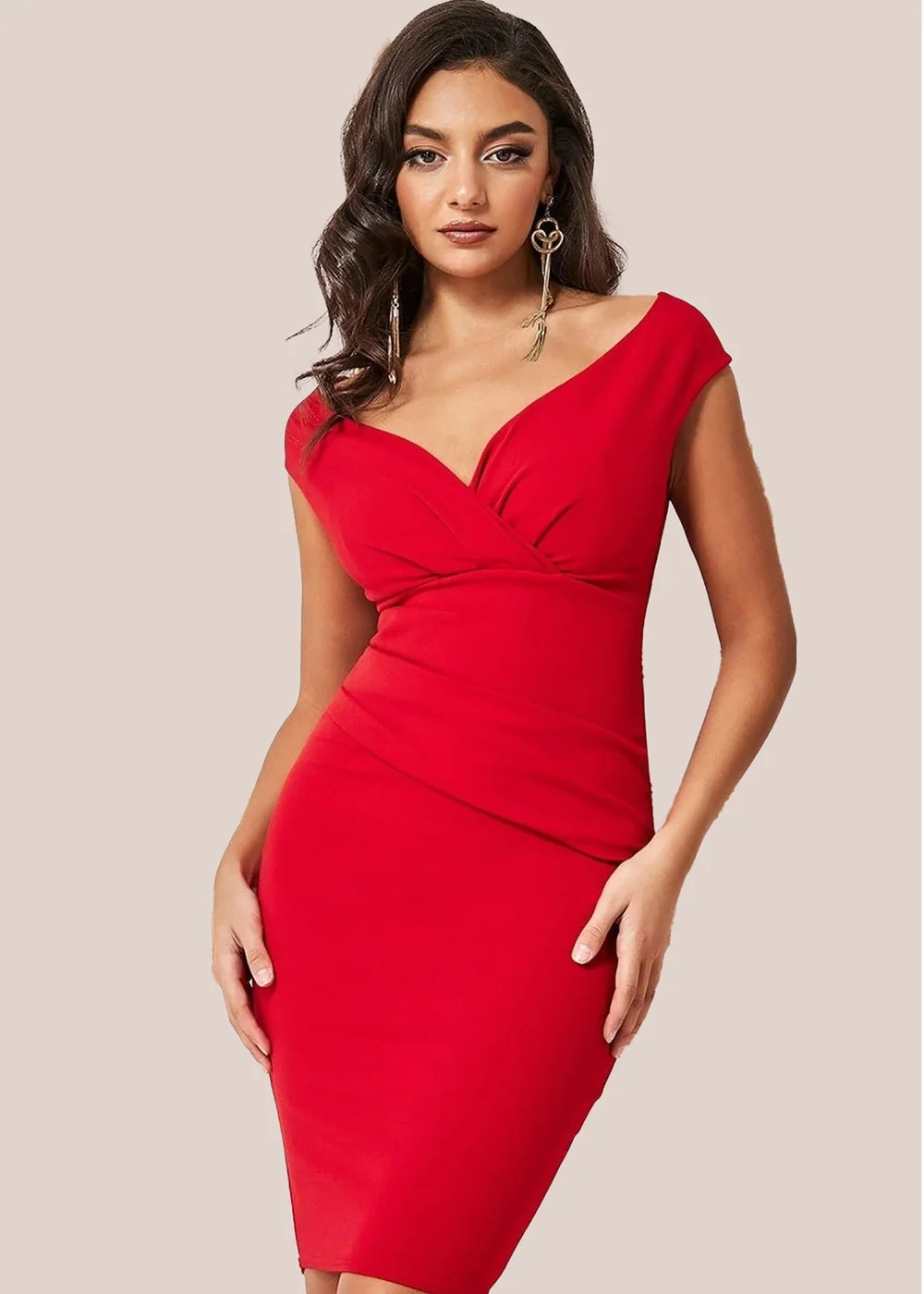 Goddiva Red Bardot Pleated Midi Dress - 10 Image 3
