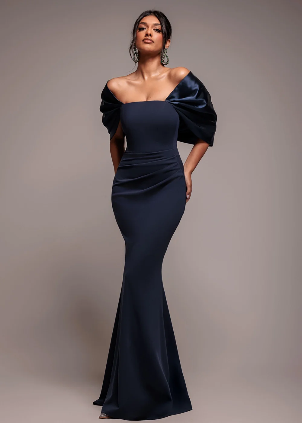 Goddiva Navy Blue Off Shoulder Back Satin Bow Scuba Maxi Dress - 18 Image 1