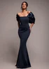 Goddiva Navy Blue Off Shoulder Back Satin Bow Scuba Maxi Dress - 18 Image 1