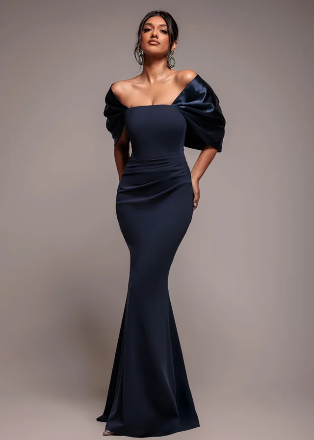 Goddiva Navy Blue Off Shoulder Back Satin Bow Scuba Maxi Dress