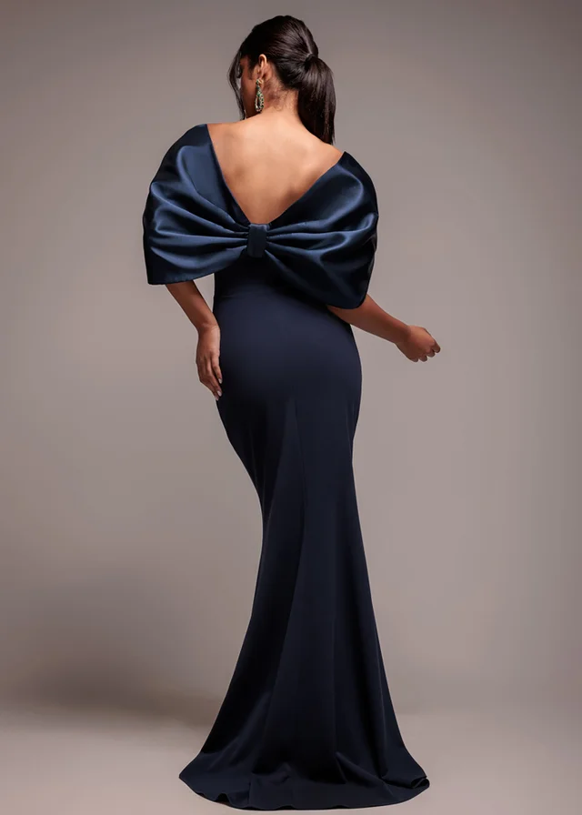 Goddiva Navy Blue Off Shoulder Back Satin Bow Scuba Maxi Dress