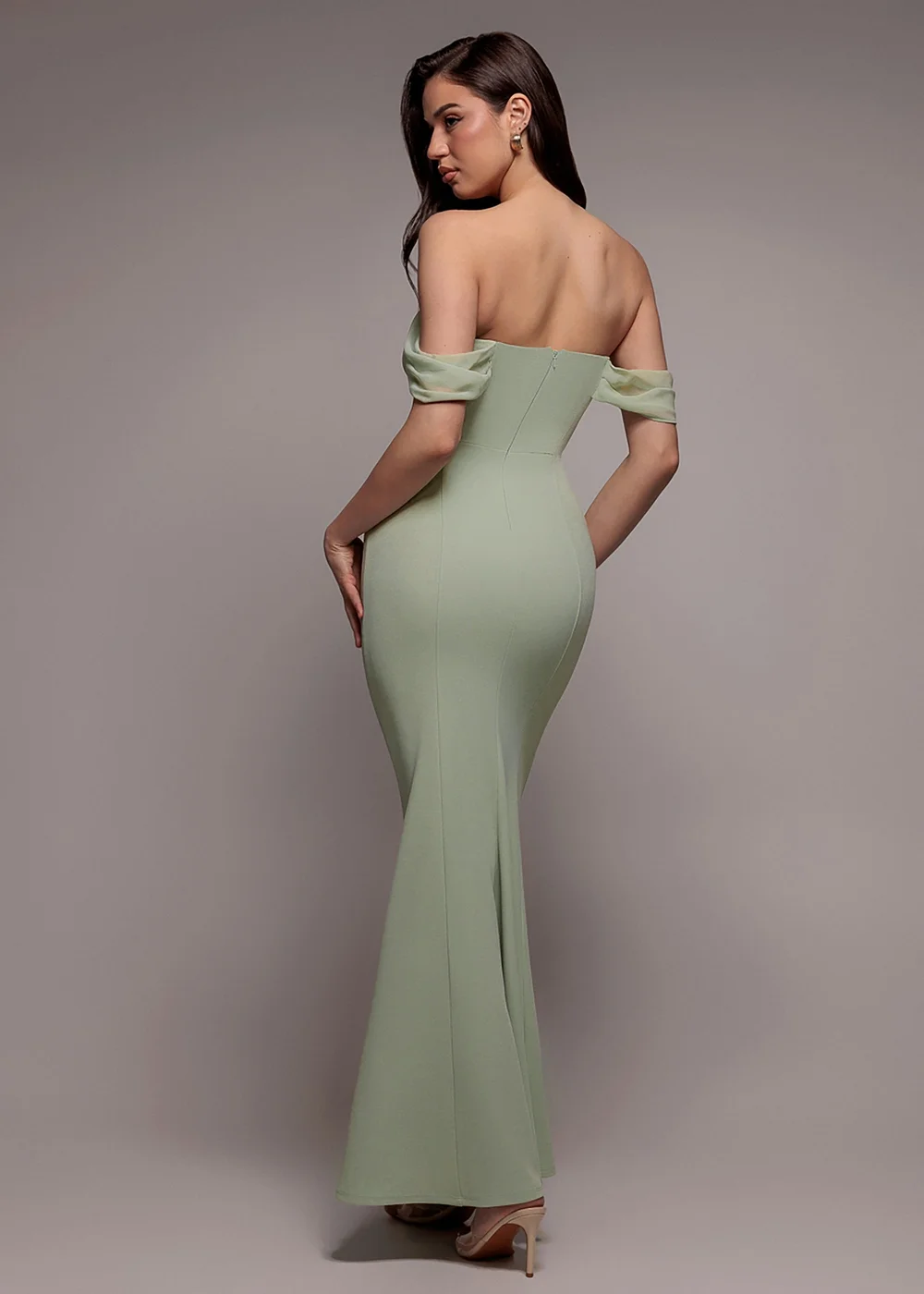 Goddiva Sage Green Bardot Scuba & Chiffon Cowl Maxi Dress - 16 Image 2