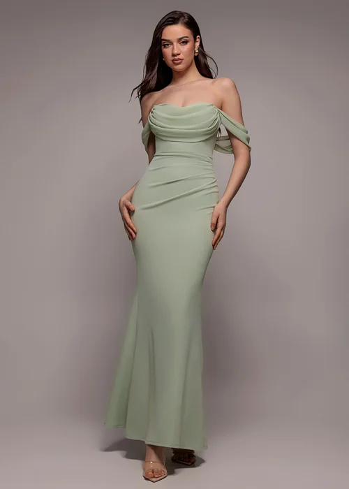 Goddiva Sage Green Bardot Scuba & Chiffon Cowl Maxi Dress - 16 Image 1