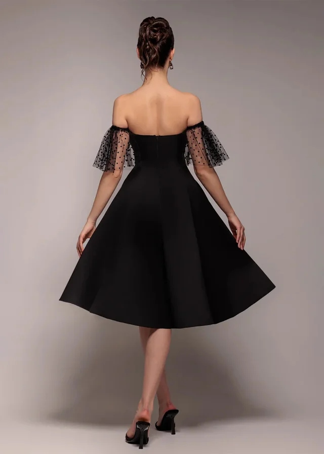 Goddiva Black Scuba & Polka Mesh Off The Shoulder Midi Dress