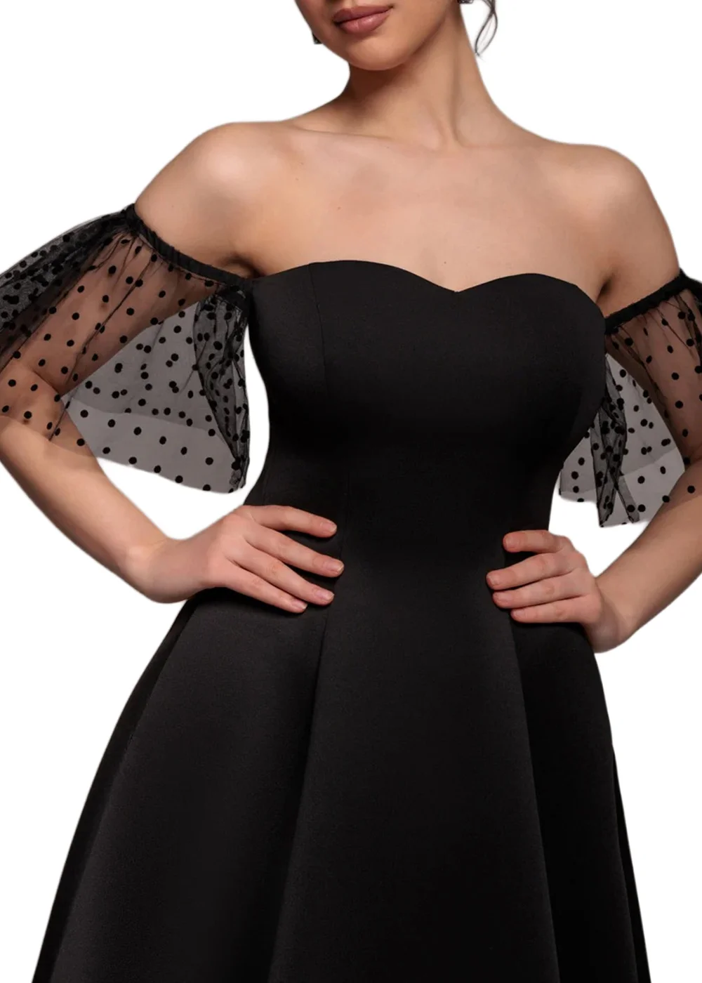Goddiva Black Scuba & Polka Mesh Off The Shoulder Midi Dress - 10 Image 3