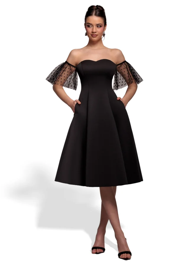 Goddiva Black Scuba & Polka Mesh Off The Shoulder Midi Dress