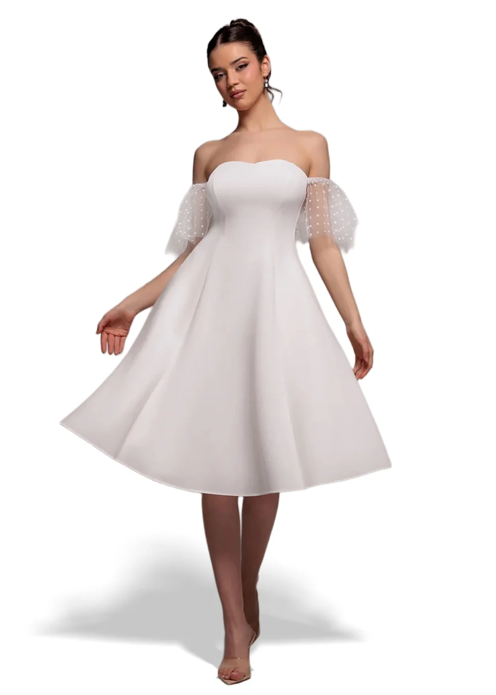 Goddiva White Scuba & Polka Mesh Off The Shoulder Midi Dress - 12 Image 1