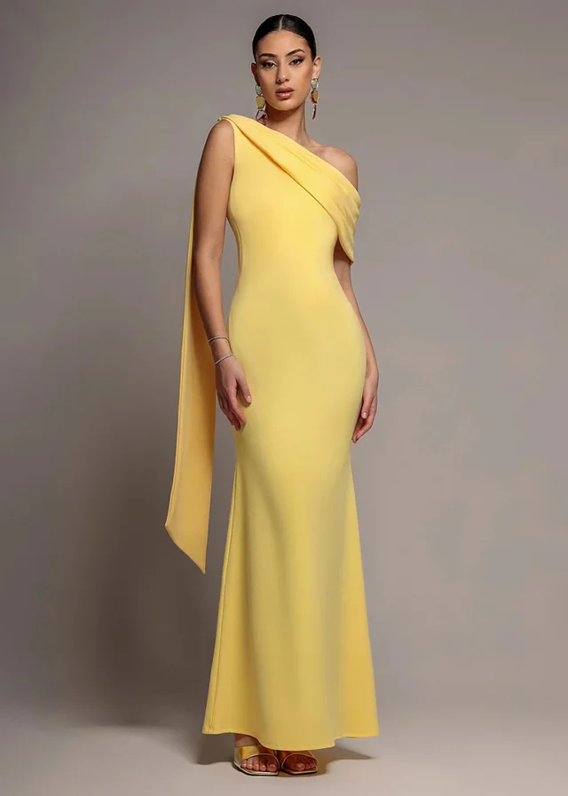 Goddiva Butter Yellow Sash One Shoulder Bardot Maxi Dress