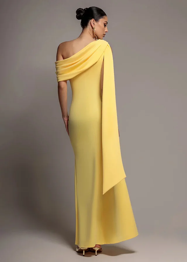 Goddiva Butter Yellow Sash One Shoulder Bardot Maxi Dress