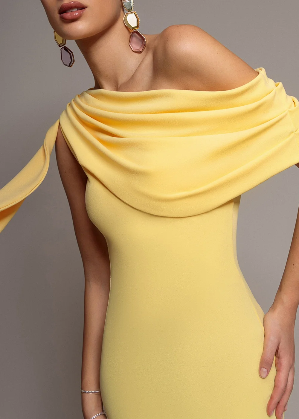 Goddiva Butter Yellow Sash One Shoulder Bardot Maxi Dress - 18 Image 3