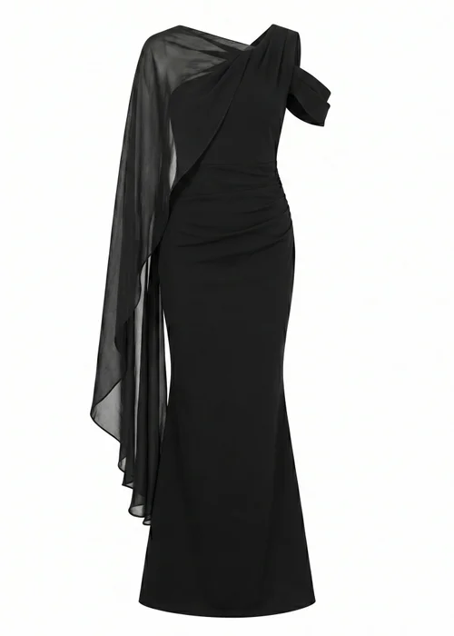 Goddiva Black One Shoulder Chiffon Cape Crepe Maxi Dress - 8 Image 5