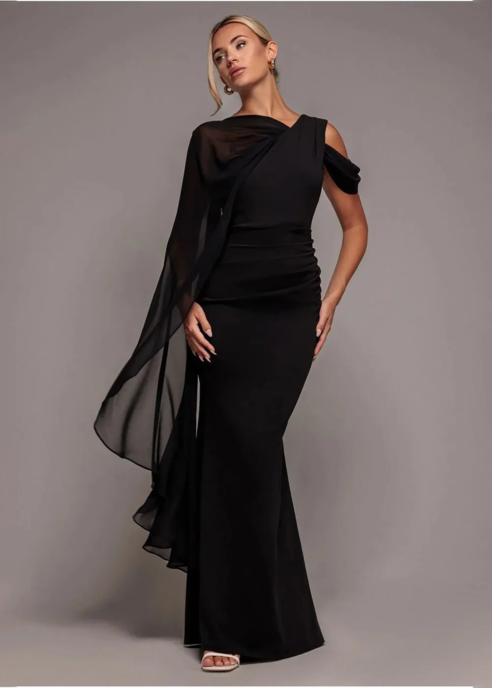 Goddiva Black One Shoulder Chiffon Cape Crepe Maxi Dress - 8 Image 1